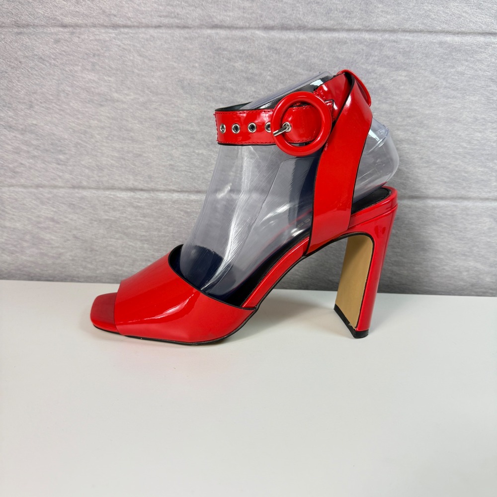 Express Womens Size 7 Red Patent Grommet Ankle Strap Chunky High Heel Sandals